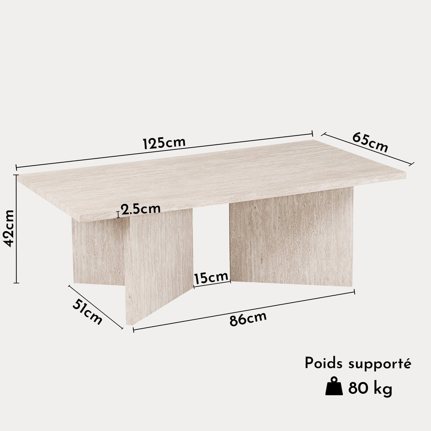 LITAR Table basse rectangulaire couleur travertin beige 125 cm - Table basse - Mobilier Deco