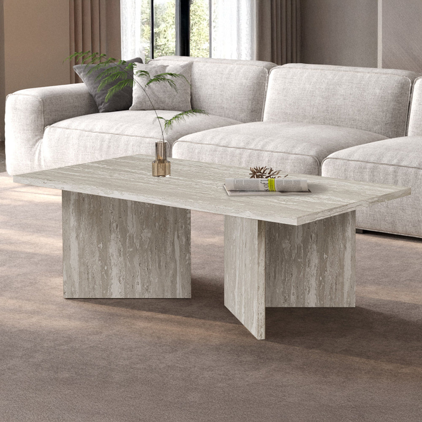 LITAR Table basse rectangulaire couleur travertin gris 125 cm - Table basse - Mobilier Deco