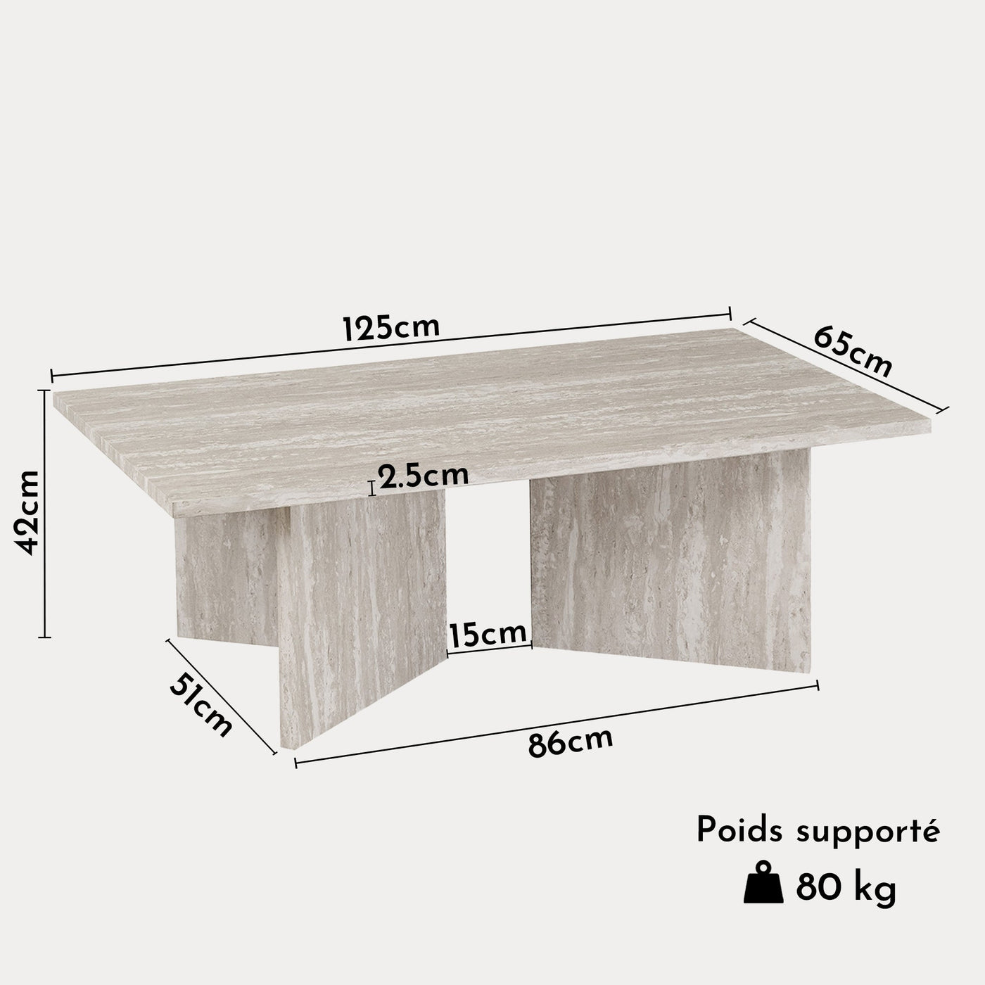 LITAR Table basse rectangulaire couleur travertin gris 125 cm - Table basse - Mobilier Deco