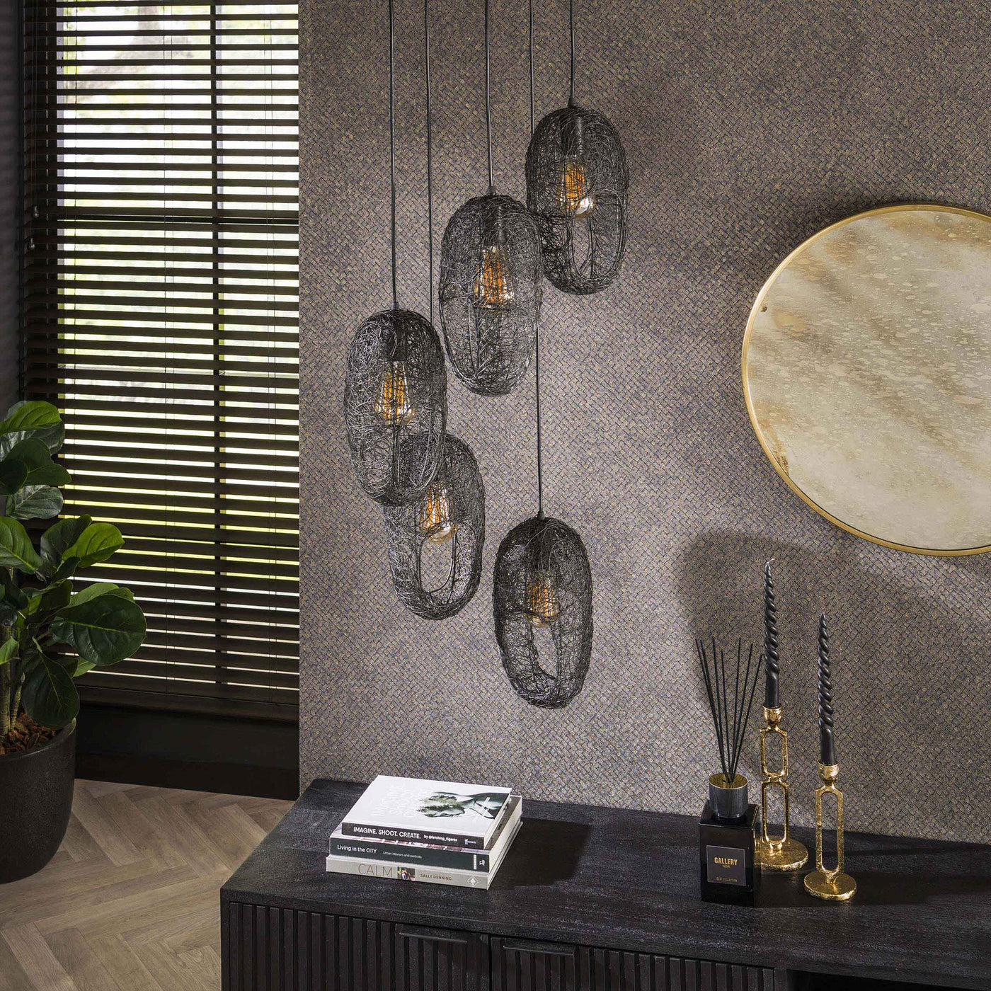 LIXA Suspension ovale 5 lampes en métal noir 45x180 cm - Luminaires - Mobilier Deco
