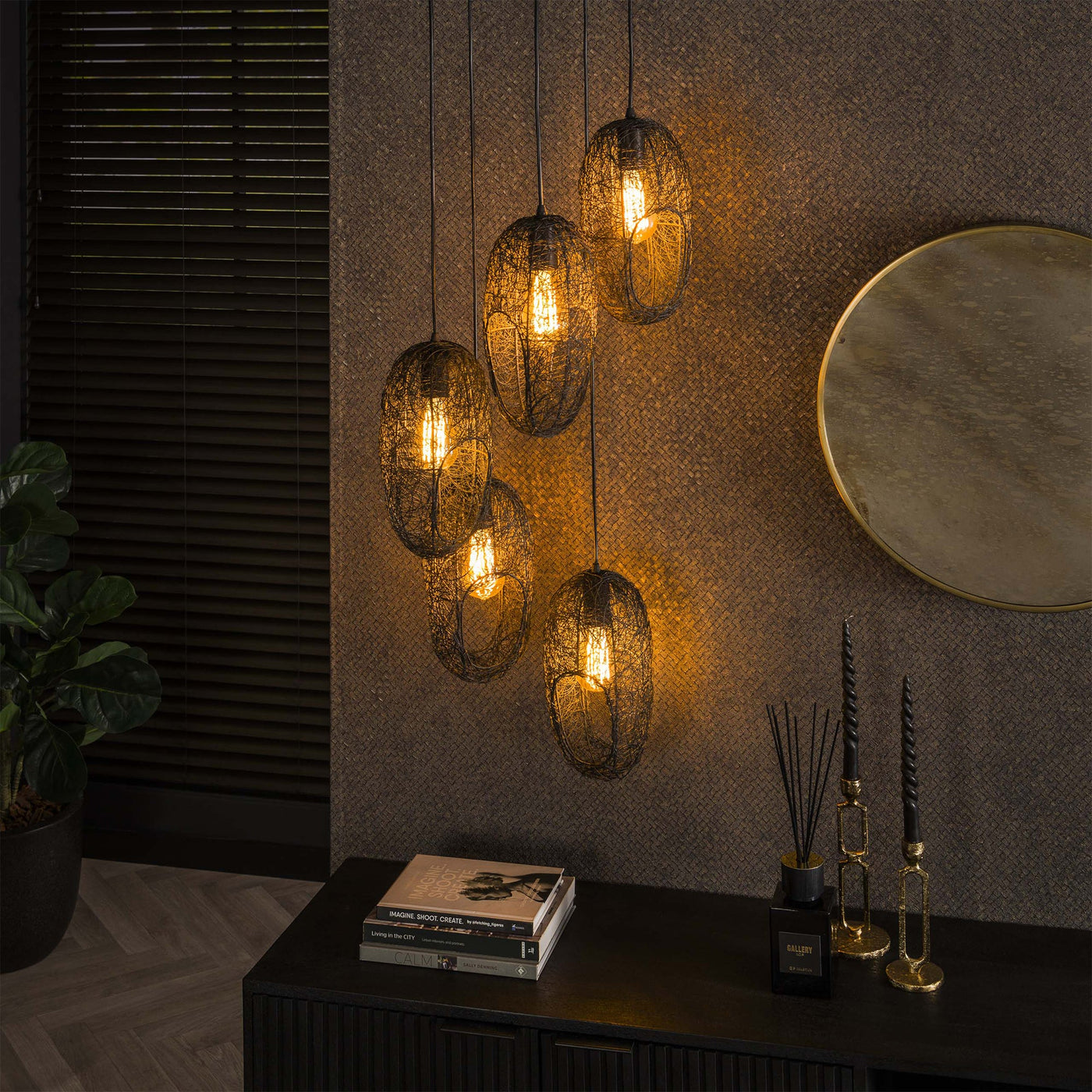 LIXA Suspension ovale 5 lampes en métal noir 45x180 cm - Luminaires - Mobilier Deco