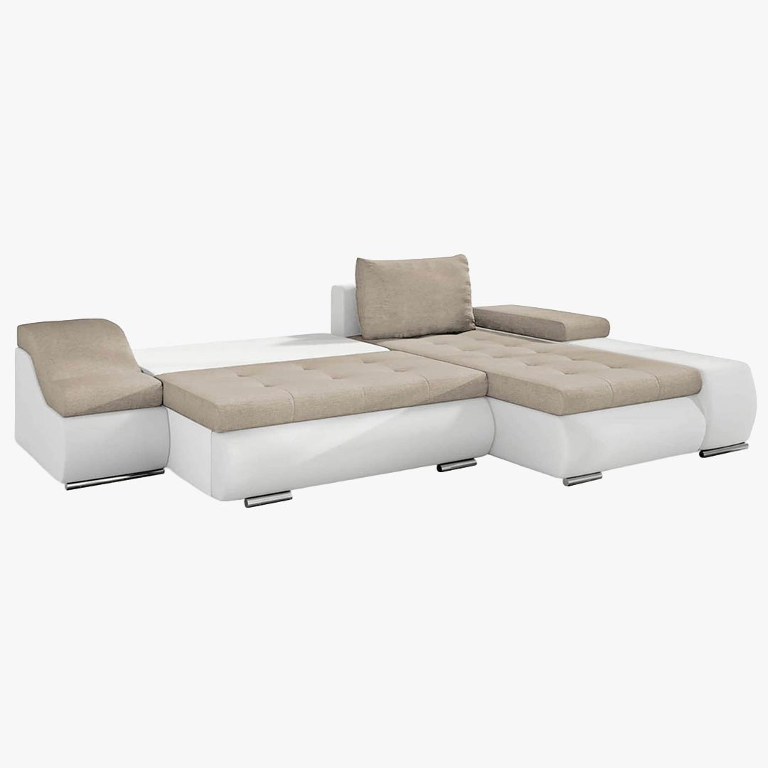 LOHAN Canapé d’angle convertible coffre de rangement en tissu beige et simili blanc - Angle droit - Canapé d'angle convertible - Mobilier Deco