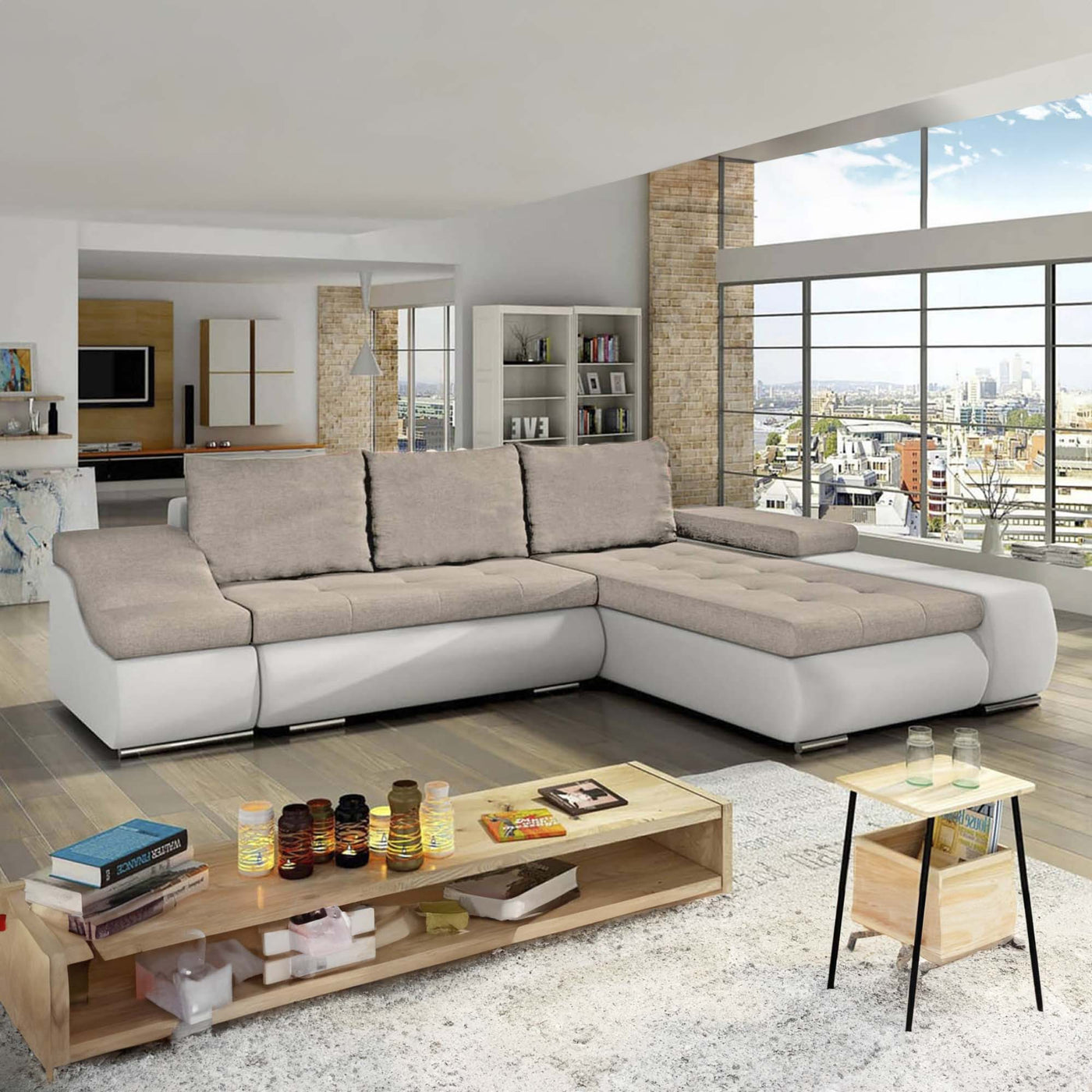 LOHAN Canapé d’angle convertible coffre de rangement en tissu beige et simili blanc - Angle droit - Canapé d'angle convertible - Mobilier Deco