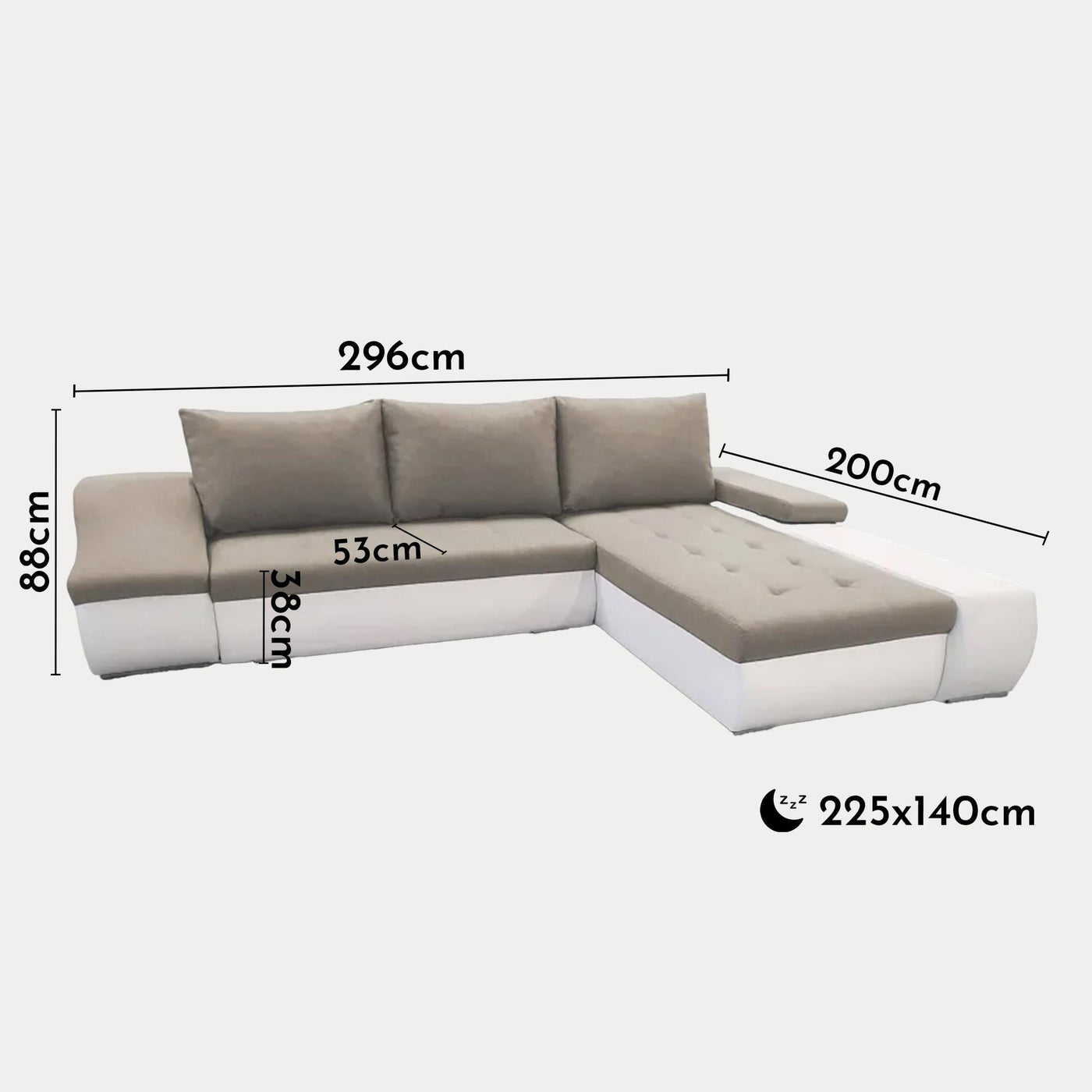 LOHAN Canapé d’angle convertible coffre de rangement en tissu beige et simili blanc - Angle droit - Canapé d'angle convertible - Mobilier Deco
