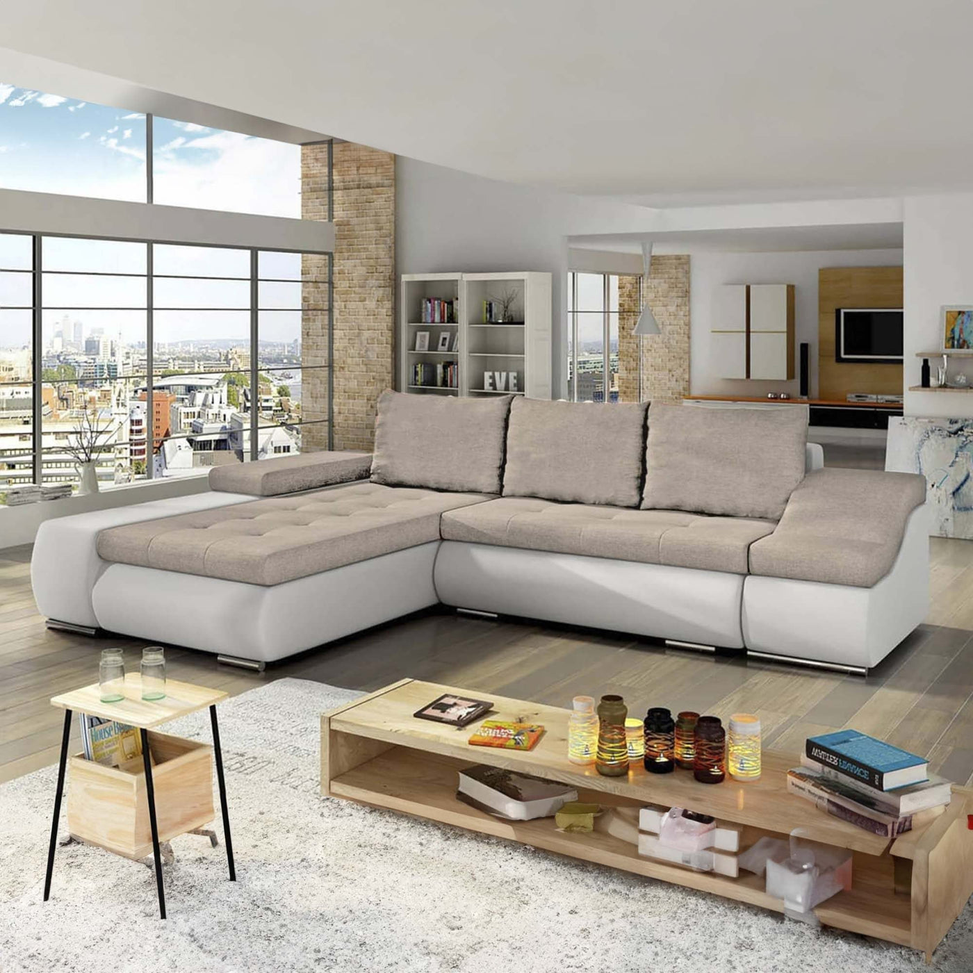 LOHAN Canapé d’angle convertible coffre de rangement en tissu beige et simili blanc – Angle Gauche - Canapé d'angle convertible - Mobilier Deco