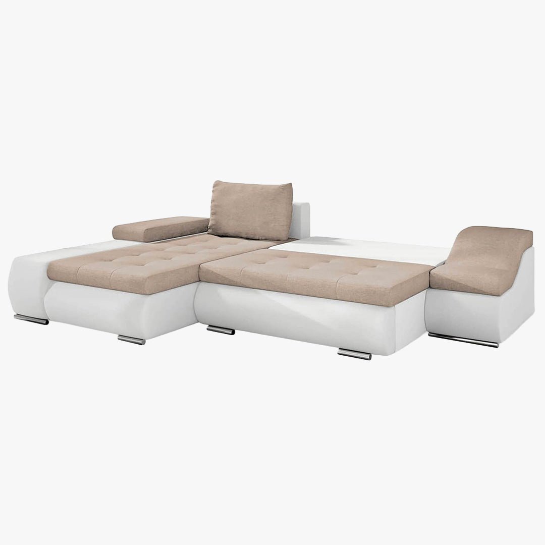 LOHAN Canapé d’angle convertible coffre de rangement en tissu beige et simili blanc – Angle Gauche - Canapé d'angle convertible - Mobilier Deco