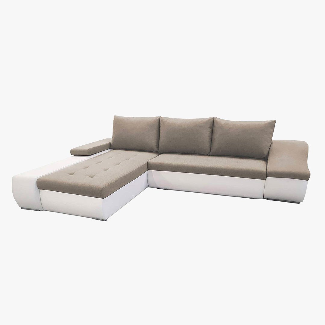 LOHAN Canapé d’angle convertible coffre de rangement en tissu beige et simili blanc – Angle Gauche - Canapé d'angle convertible - Mobilier Deco