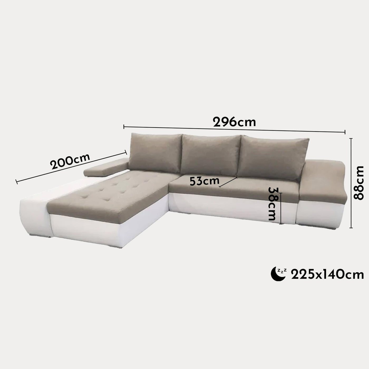 LOHAN Canapé d’angle convertible coffre de rangement en tissu beige et simili blanc – Angle Gauche - Canapé d'angle convertible - Mobilier Deco