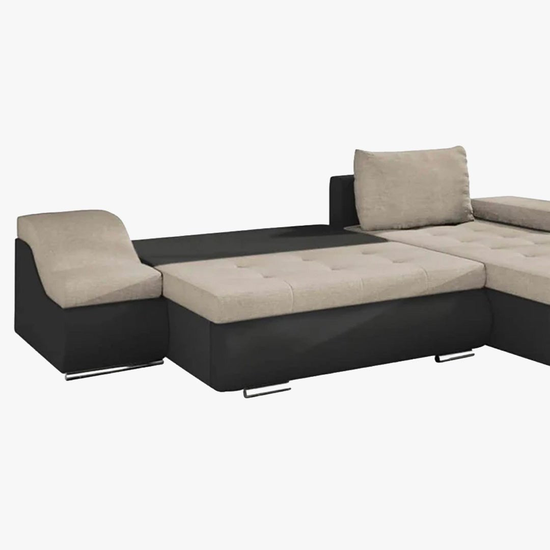 LOHAN Canapé d’angle convertible coffre de rangement en tissu beige et simili noir – Angle Droit - Canapé d'angle convertible - Mobilier Deco