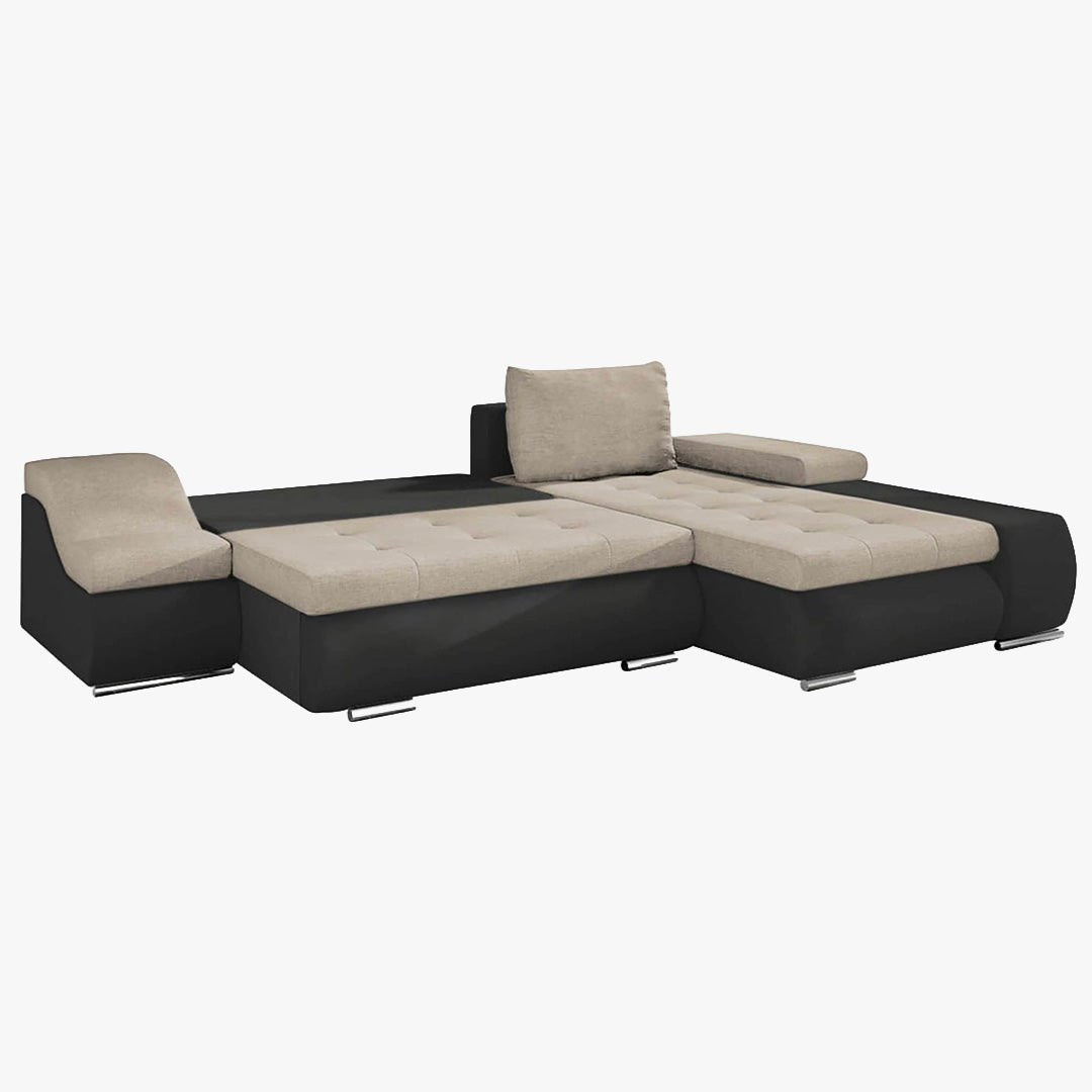 LOHAN Canapé d’angle convertible coffre de rangement en tissu beige et simili noir – Angle Droit - Canapé d'angle convertible - Mobilier Deco