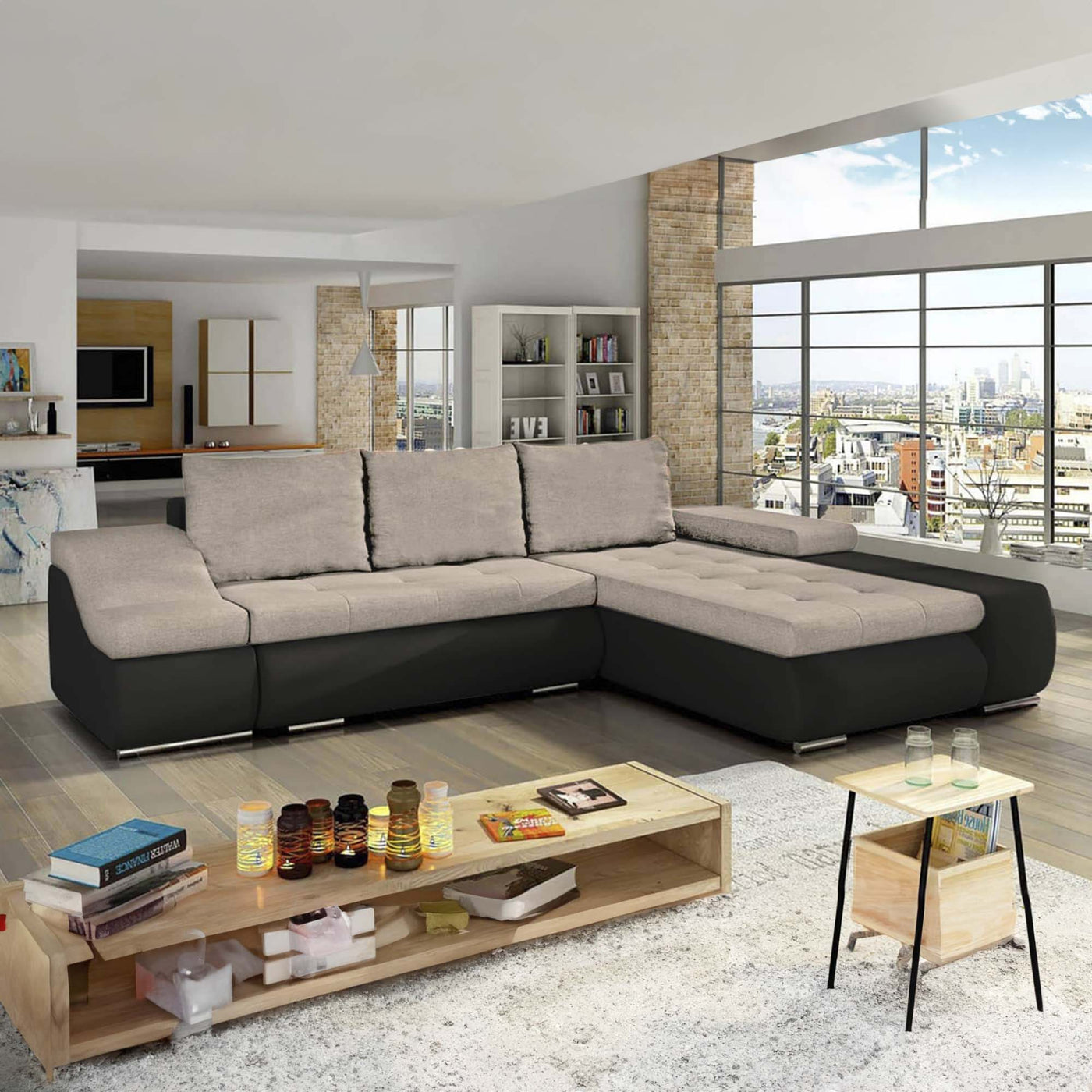 LOHAN Canapé d’angle convertible coffre de rangement en tissu beige et simili noir – Angle Droit - Canapé d'angle convertible - Mobilier Deco