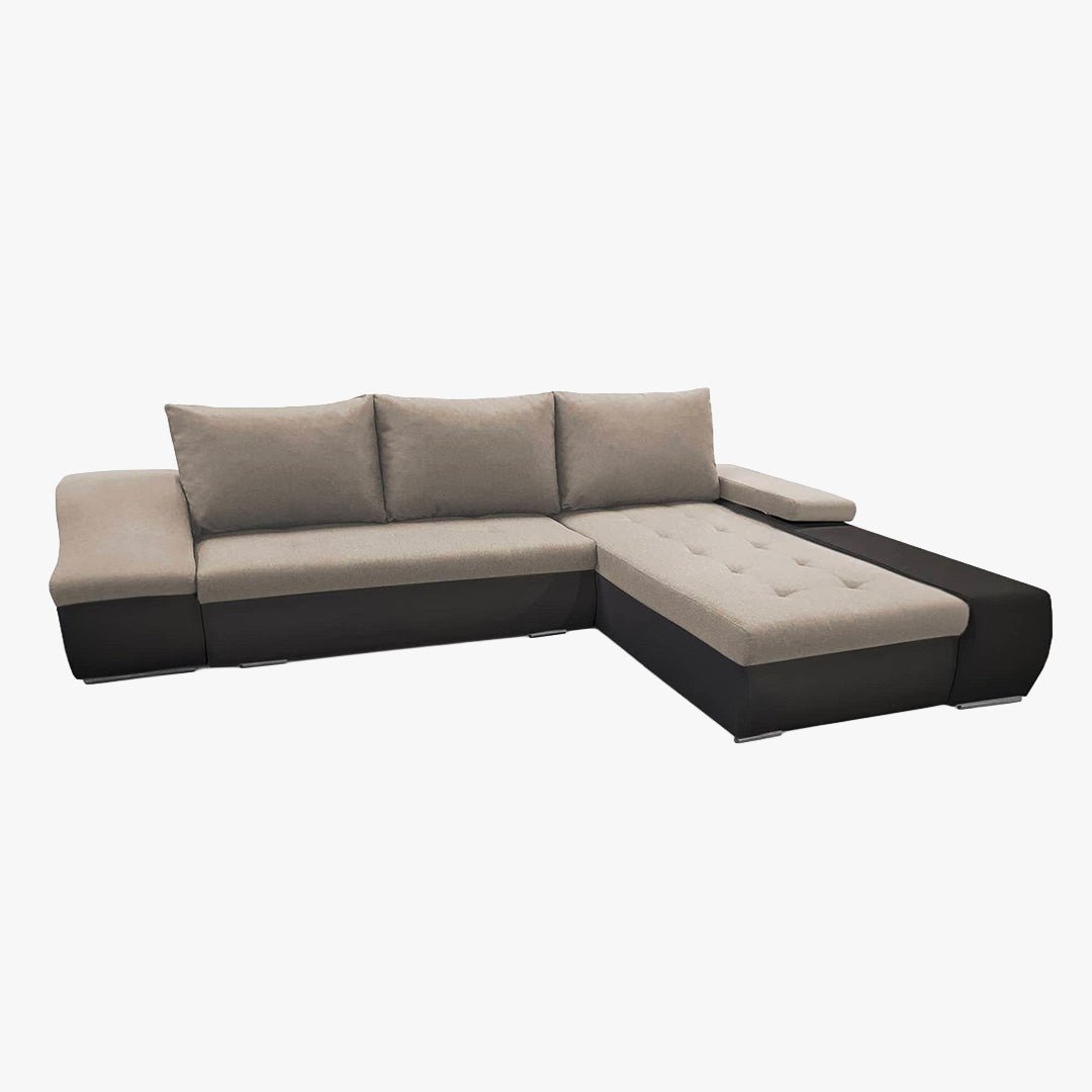 LOHAN Canapé d’angle convertible coffre de rangement en tissu beige et simili noir – Angle Droit - Canapé d'angle convertible - Mobilier Deco