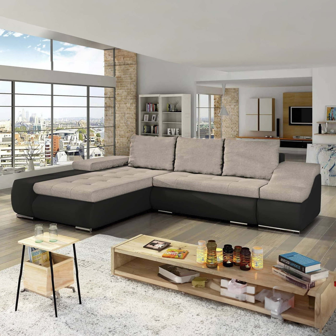 LOHAN Canapé d’angle convertible coffre de rangement en tissu beige et simili noir – Angle Gauche - Canapé d'angle convertible - Mobilier Deco