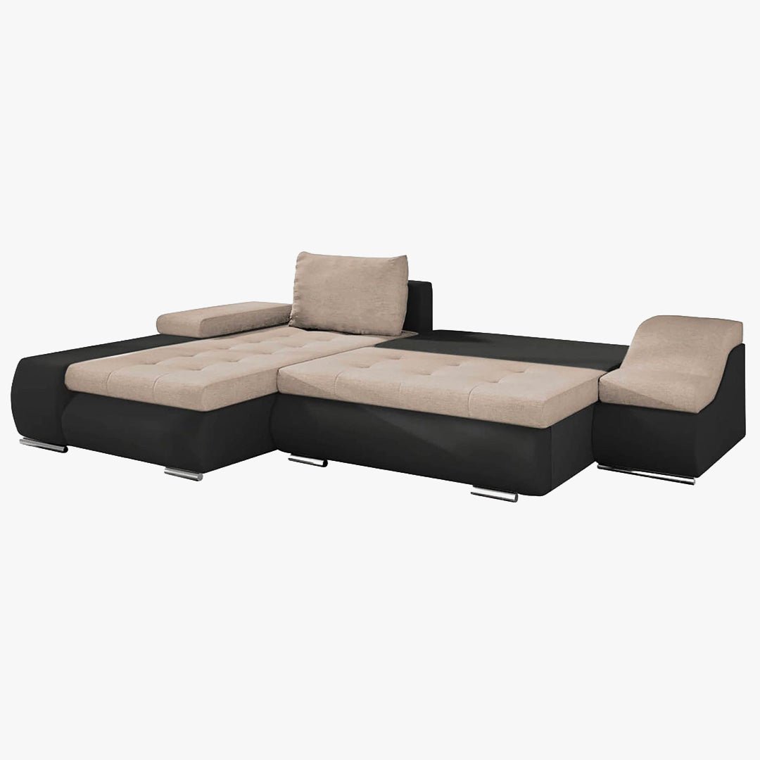 LOHAN Canapé d’angle convertible coffre de rangement en tissu beige et simili noir – Angle Gauche - Canapé d'angle convertible - Mobilier Deco