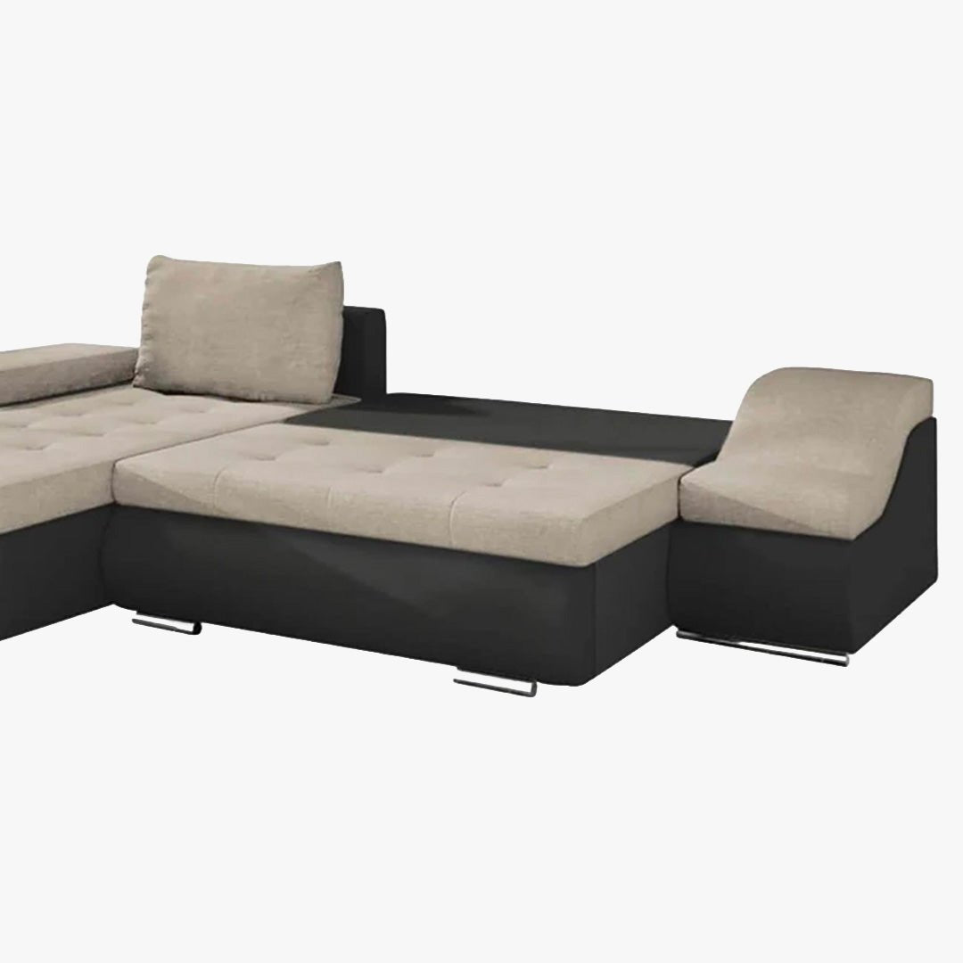 LOHAN Canapé d’angle convertible coffre de rangement en tissu beige et simili noir – Angle Gauche - Canapé d'angle convertible - Mobilier Deco