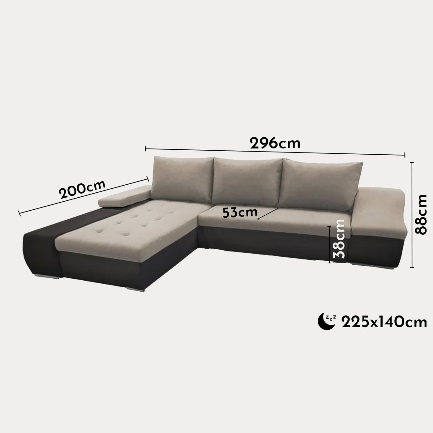 LOHAN Canapé d’angle convertible coffre de rangement en tissu beige et simili noir – Angle Gauche - Canapé d'angle convertible - Mobilier Deco