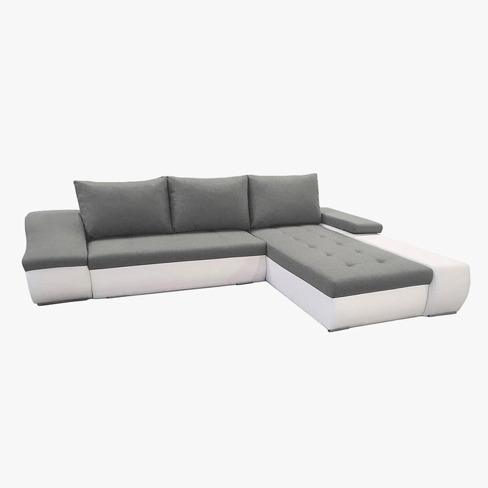 LOHAN Canapé d'angle convertible coffre de rangement gris et blanc - Angle Droit