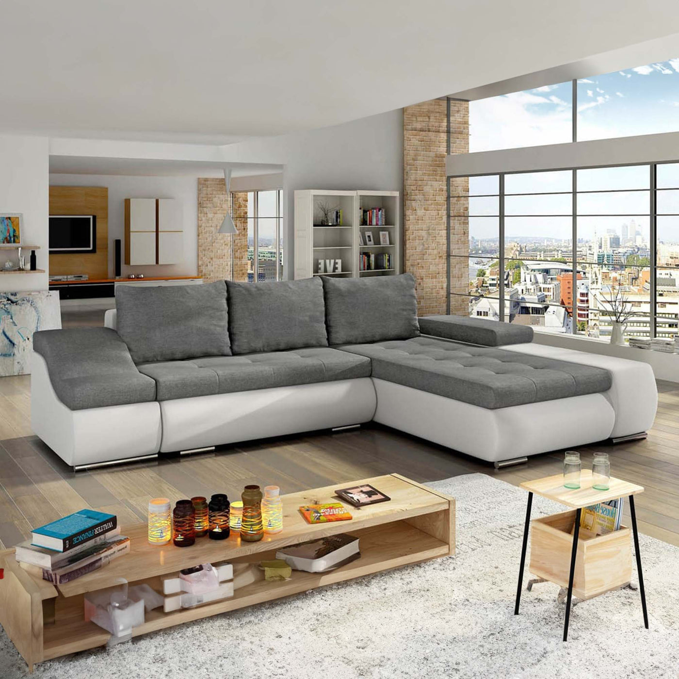 LOHAN Canapé d'angle convertible coffre de rangement gris et blanc - Angle Droit - Canapé d'angle convertible - Mobilier Deco