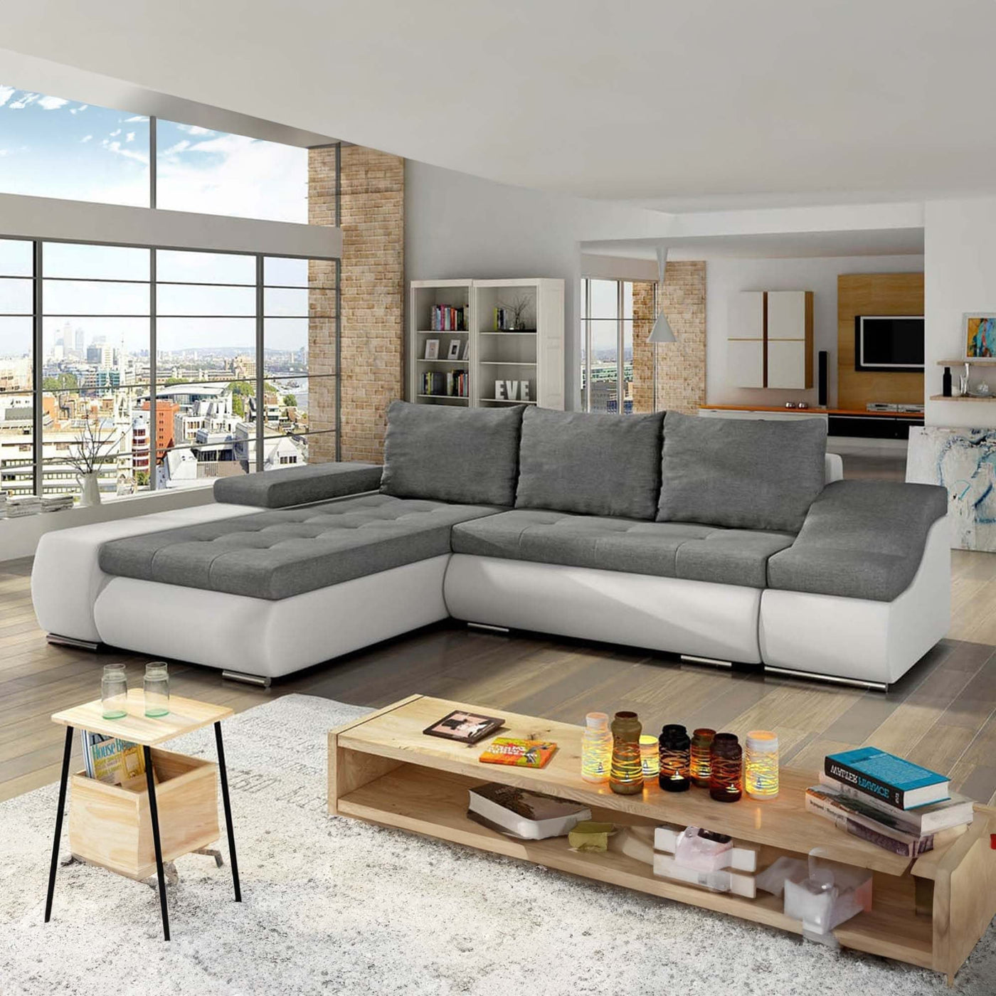 LOHAN Canapé d'angle convertible coffre de rangement gris et blanc - Angle Gauche - Canapé d'angle convertible - Mobilier Deco