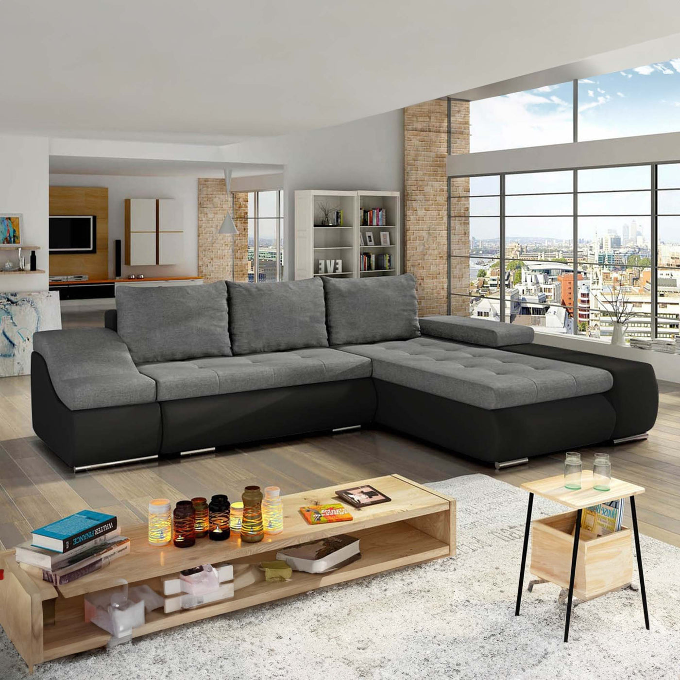 LOHAN Canapé d'angle convertible coffre de rangement gris et noir - Angle Droit - Canapé d'angle convertible - Mobilier Deco