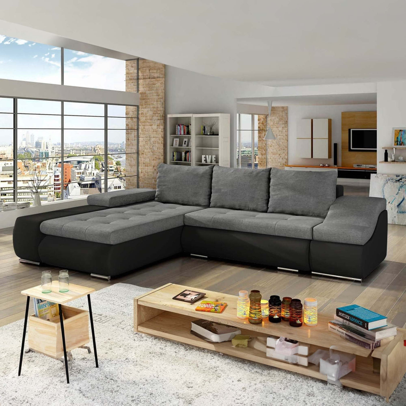 LOHAN Canapé d'angle convertible coffre de rangement gris et noir - Angle Gauche - Canapé d'angle convertible - Mobilier Deco