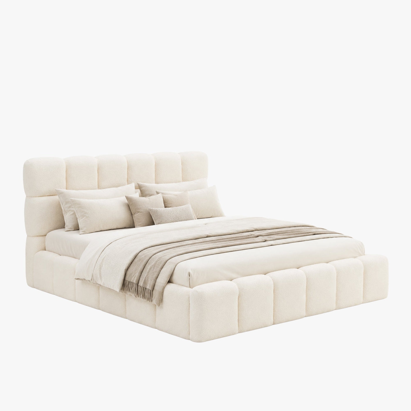 LORY Lit double en tissu bouclette beige avec coffre 160x200 cm - Lits - Mobilier Deco