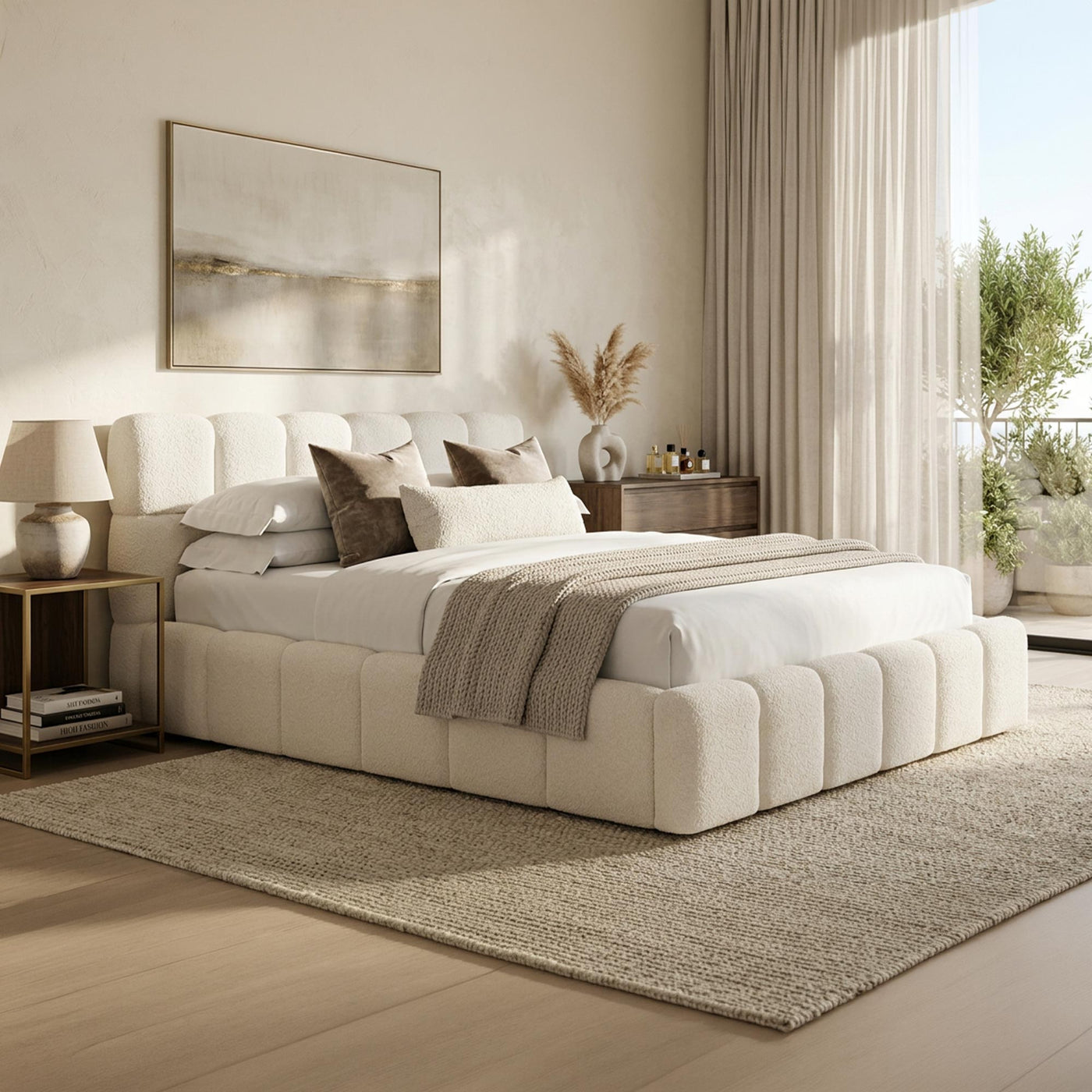 LORY Lit double en tissu bouclette beige avec coffre 160x200 cm - Lits - Mobilier Deco