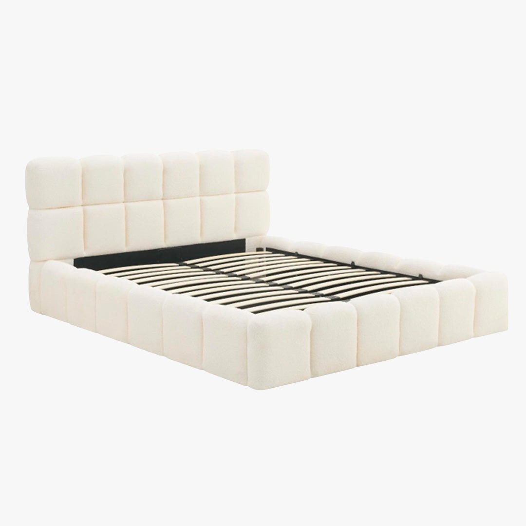 LORY Lit double en tissu bouclette beige avec coffre 160x200 cm - Lits - Mobilier Deco
