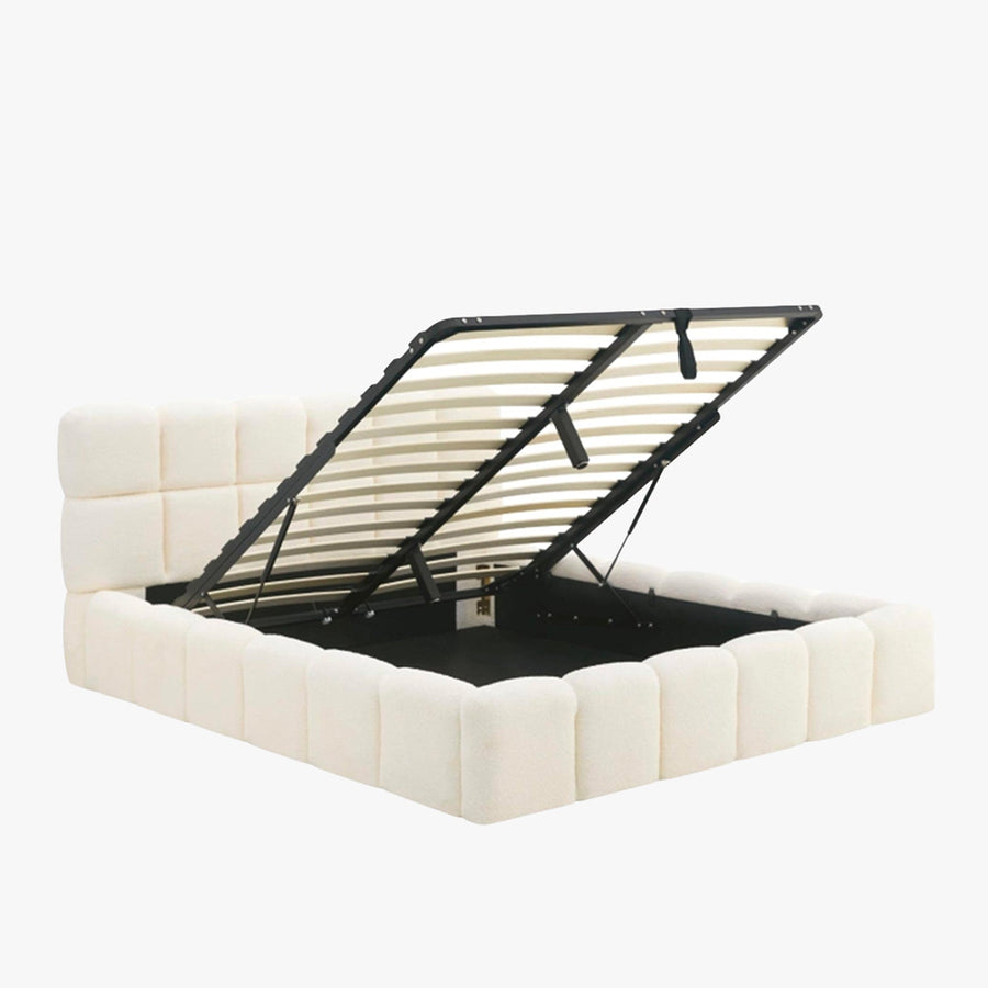 LORY Lit double en tissu bouclette beige avec coffre 160x200 cm — aperçu vidéo