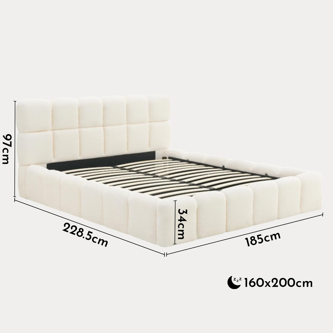 LORY Lit double en tissu bouclette beige avec coffre 160x200 cm - Lits - Mobilier Deco