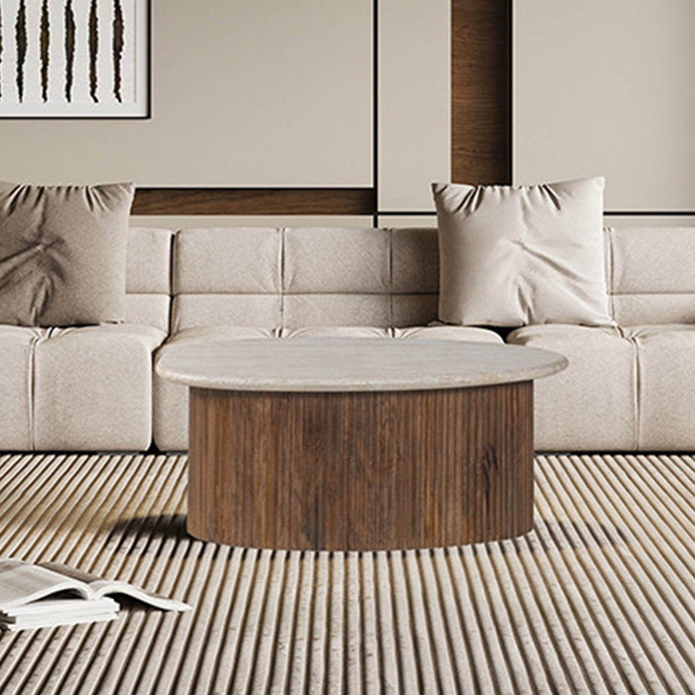 LOUIS Table basse en travertin et bois de manguier 90 cm - Table basse - Mobilier Deco