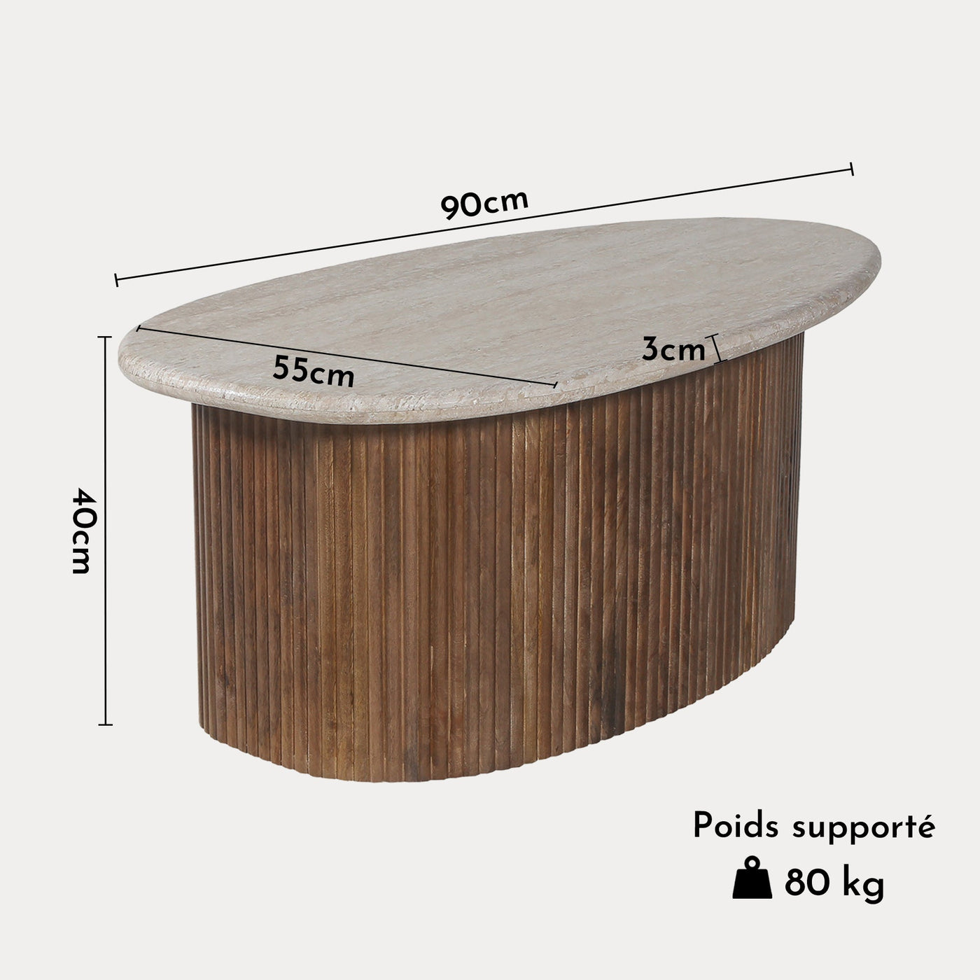 LOUIS Table basse en travertin et bois de manguier 90 cm - Table basse - Mobilier Deco