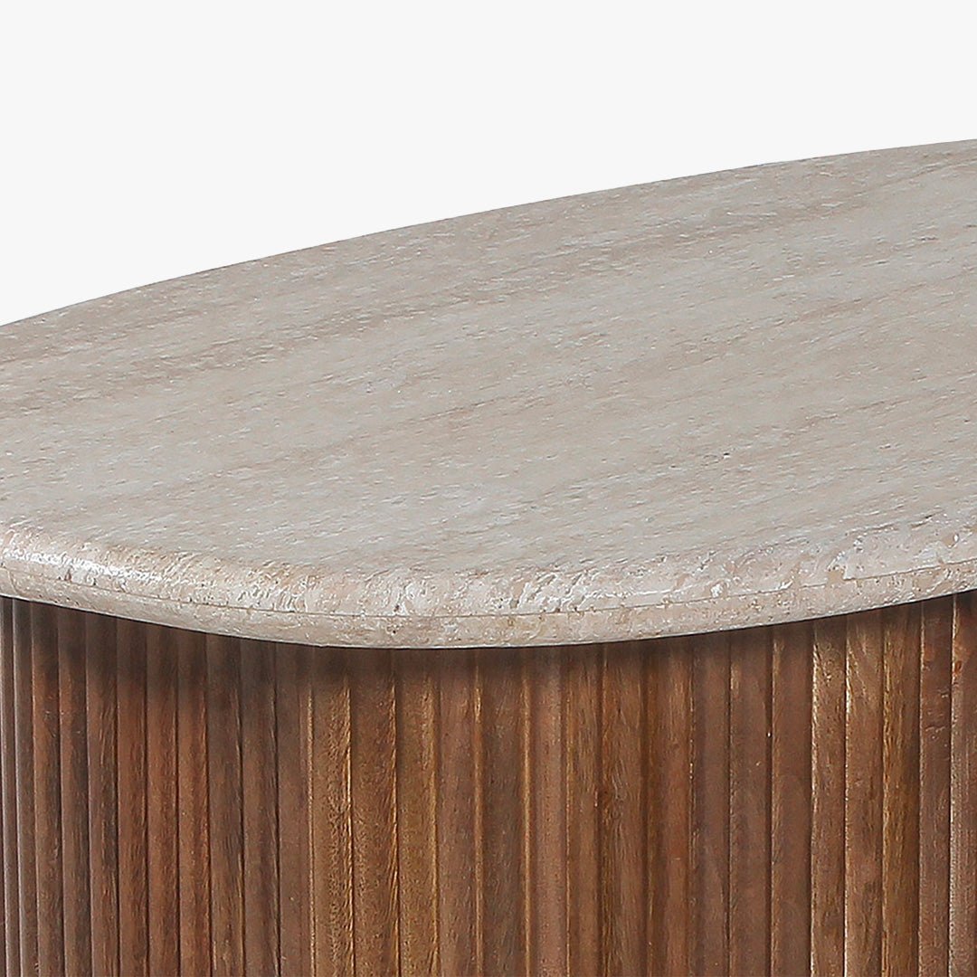 LOUIS Table basse en travertin et bois de manguier 90 cm - Table basse - Mobilier Deco