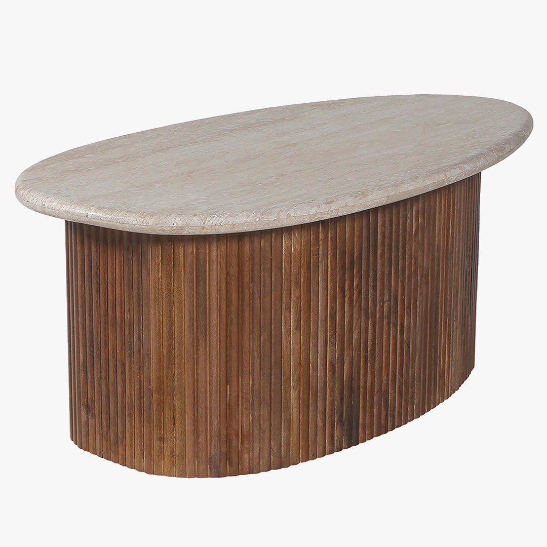 LOUIS Table basse en travertin et bois de manguier 90 cm - Table basse - Mobilier Deco