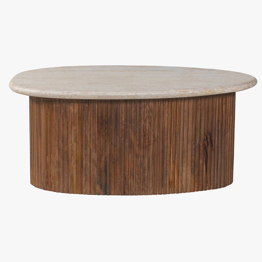 LOUIS Table basse en travertin et bois de manguier 90 cm - Table basse - Mobilier Deco