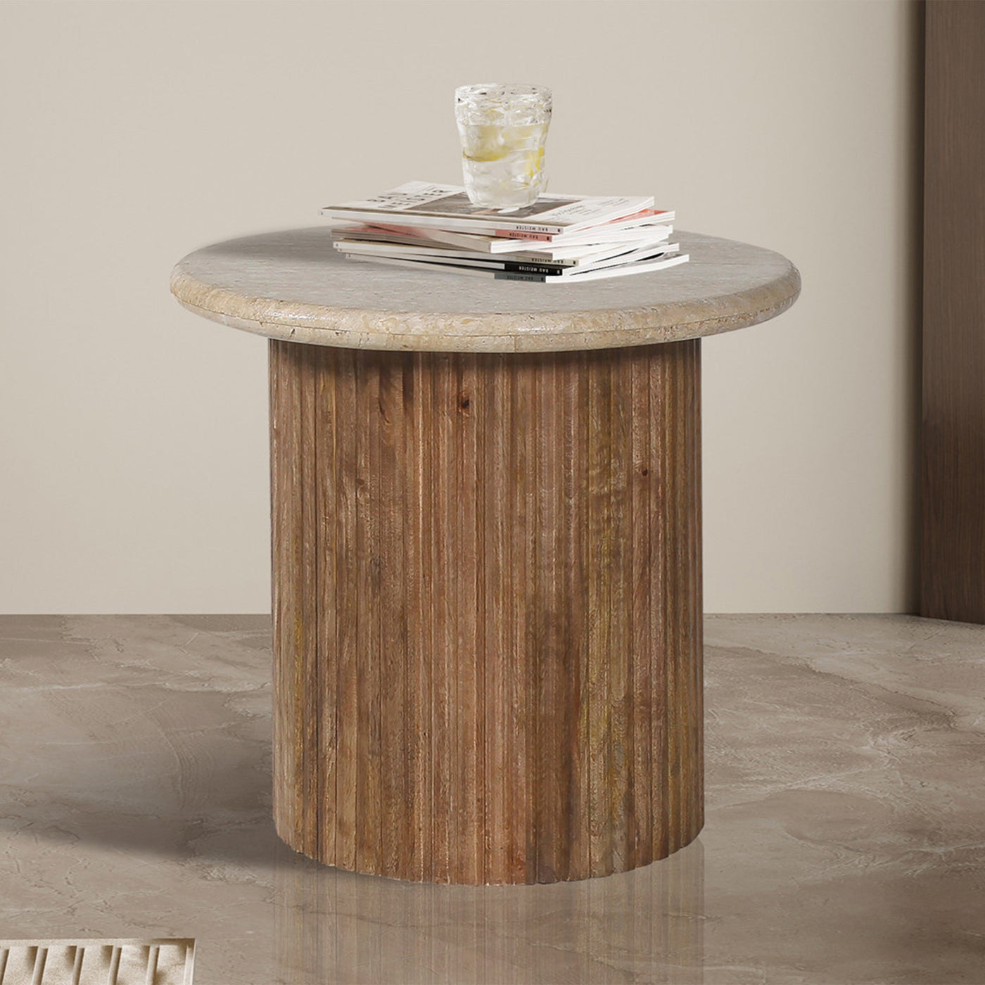 LOUIS Table d'appoint en travertin et bois de manguier 50 cm - Table basse - Mobilier Deco