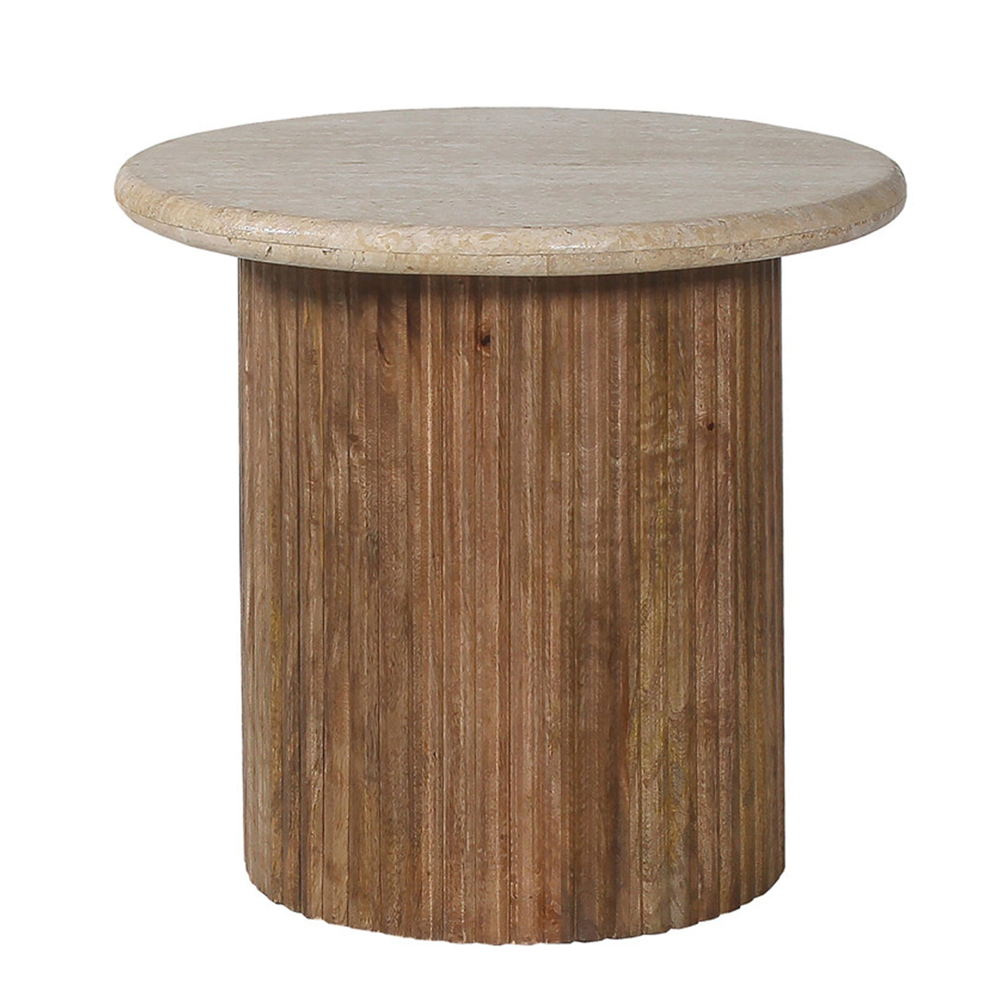 LOUIS Table d'appoint en travertin et bois de manguier 50 cm - Table basse - Mobilier Deco
