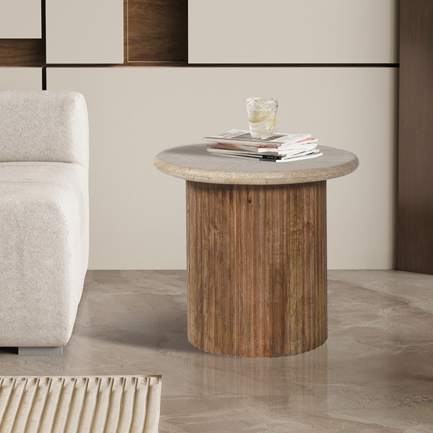 LOUIS Table d'appoint en travertin et bois de manguier 50 cm - Table basse - Mobilier Deco