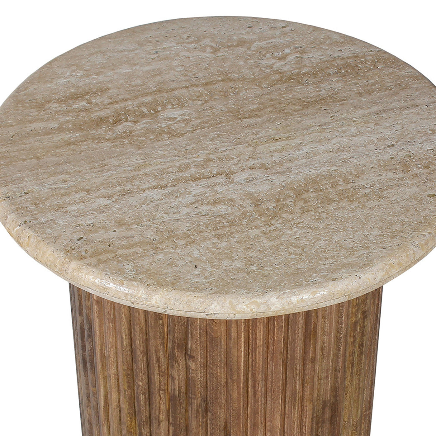 LOUIS Table d'appoint en travertin et bois de manguier 50 cm - Table basse - Mobilier Deco