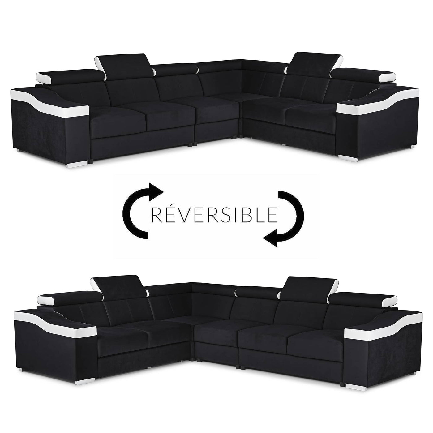 LUCKY Canapé d’angle convertible réversible en tissu noir et simili blanc - Canapé d'angle convertible - Mobilier Deco