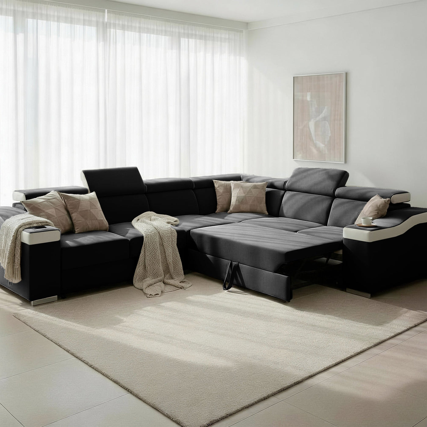 LUCKY Canapé d’angle convertible réversible en tissu noir et simili blanc - Canapé d'angle convertible - Mobilier Deco
