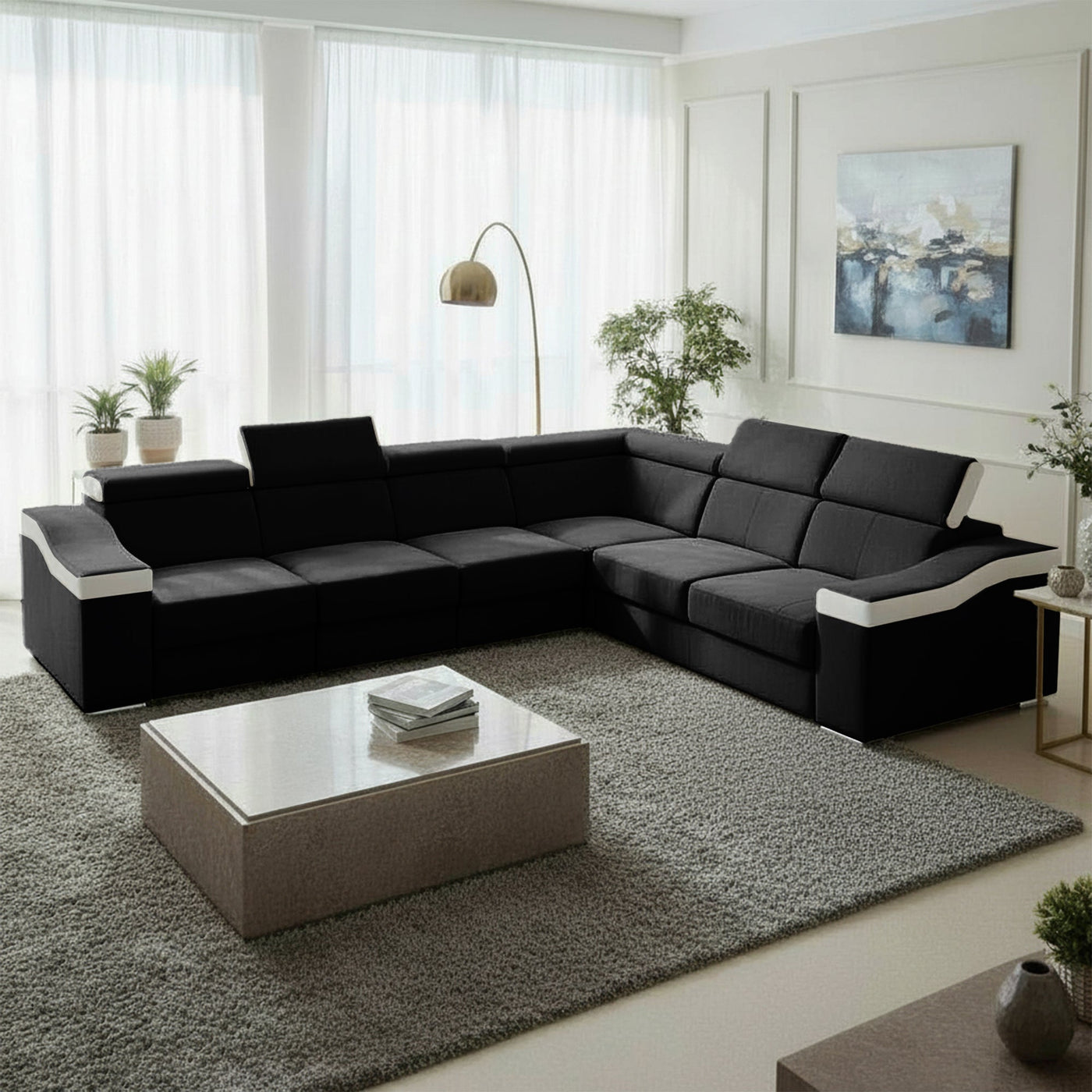 LUCKY Canapé d’angle convertible réversible en tissu noir et simili blanc - Canapé d'angle convertible - Mobilier Deco