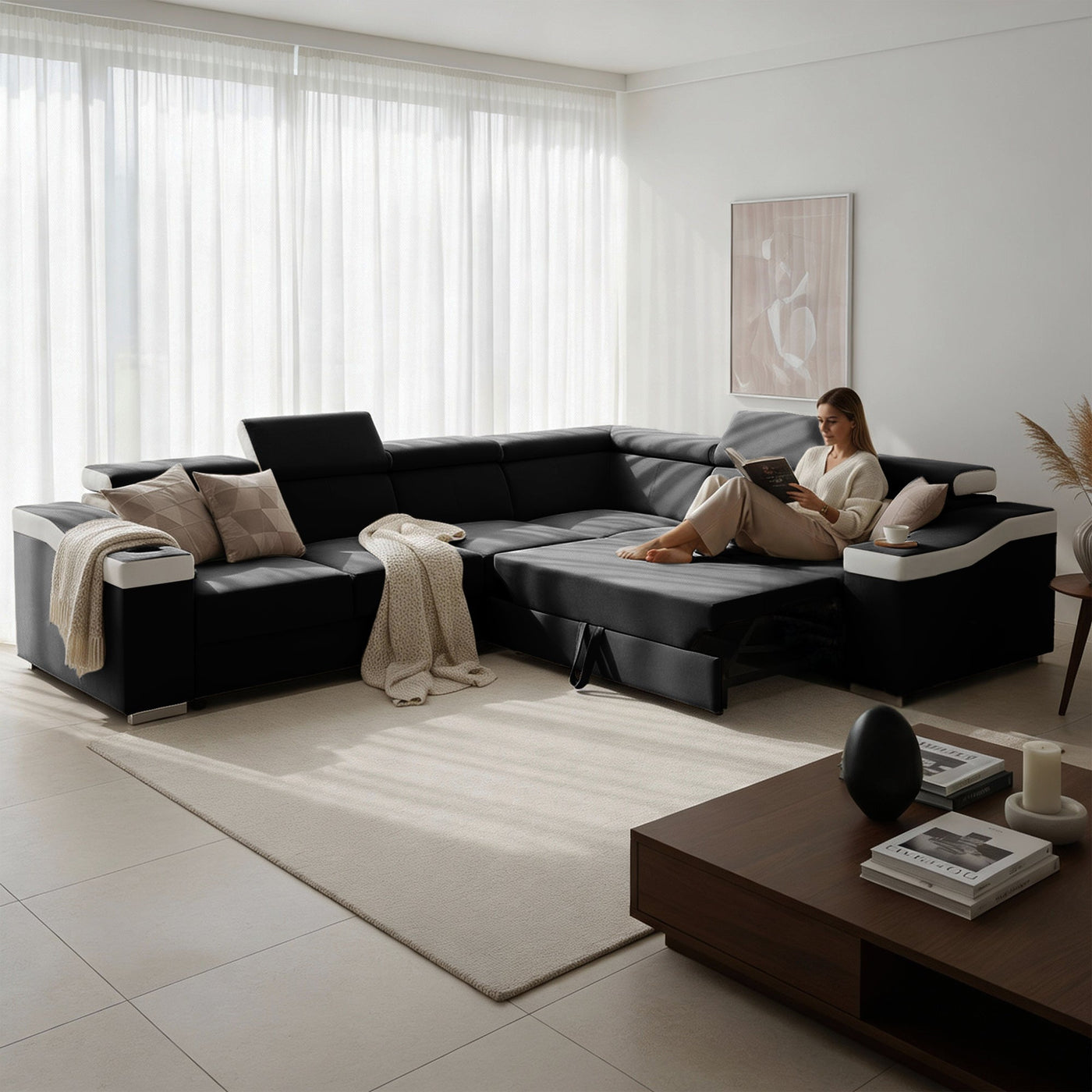 LUCKY Canapé d’angle convertible réversible en tissu noir et simili blanc - Canapé d'angle convertible - Mobilier Deco