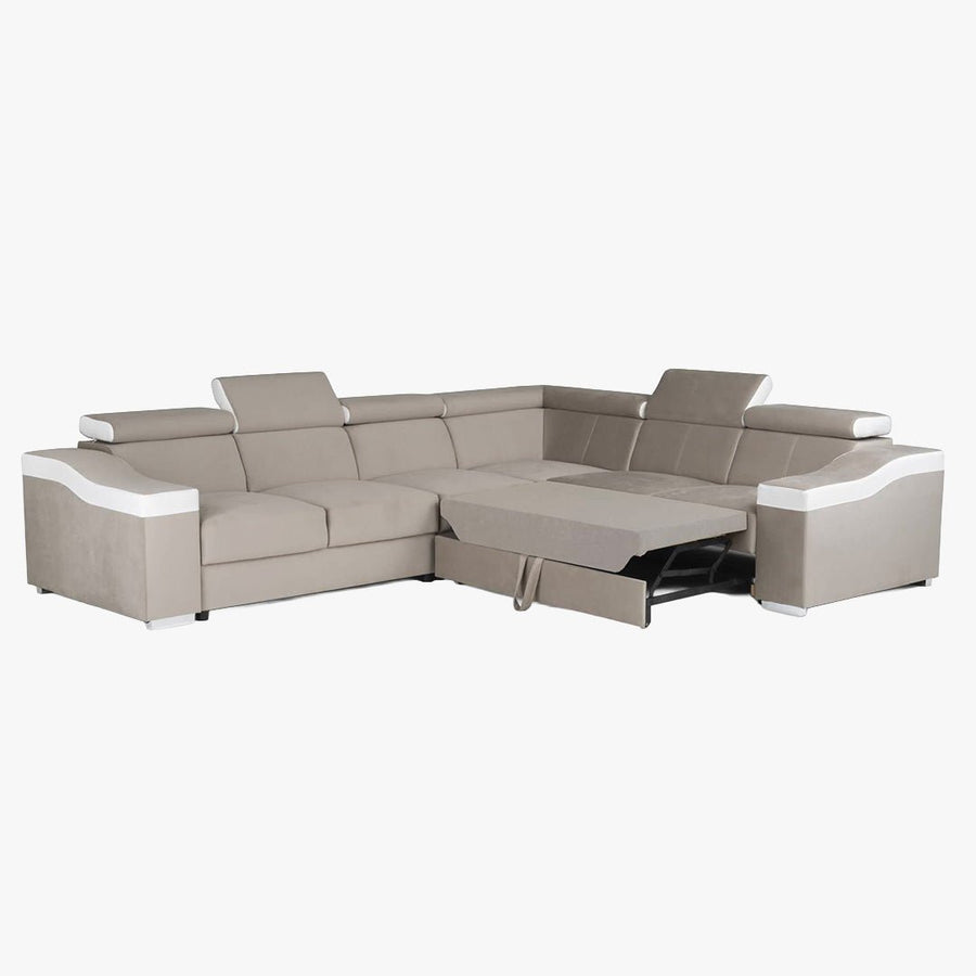 LUCKY Canapé d’angle convertible réversible en tissu velours beige et simili cuir blanc — aperçu vidéo
