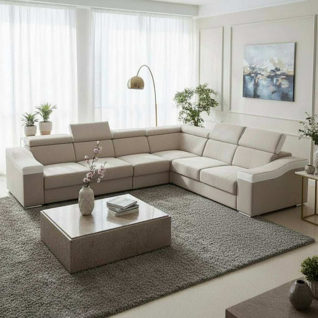 LUCKY Canapé d’angle convertible réversible en tissu velours beige et simili cuir blanc - Canapé d'angle convertible - Mobilier Deco