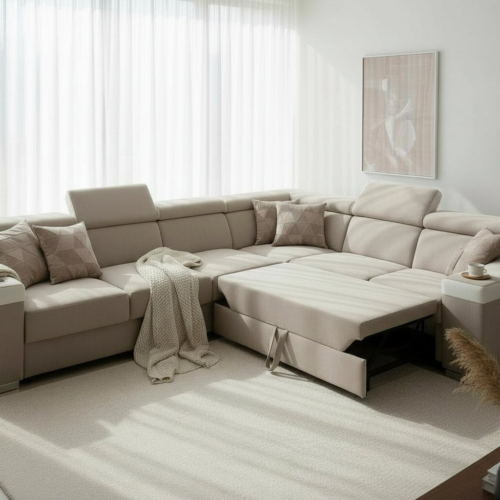 LUCKY Canapé d’angle convertible réversible en tissu velours beige et simili cuir blanc - Canapé d'angle convertible - Mobilier Deco