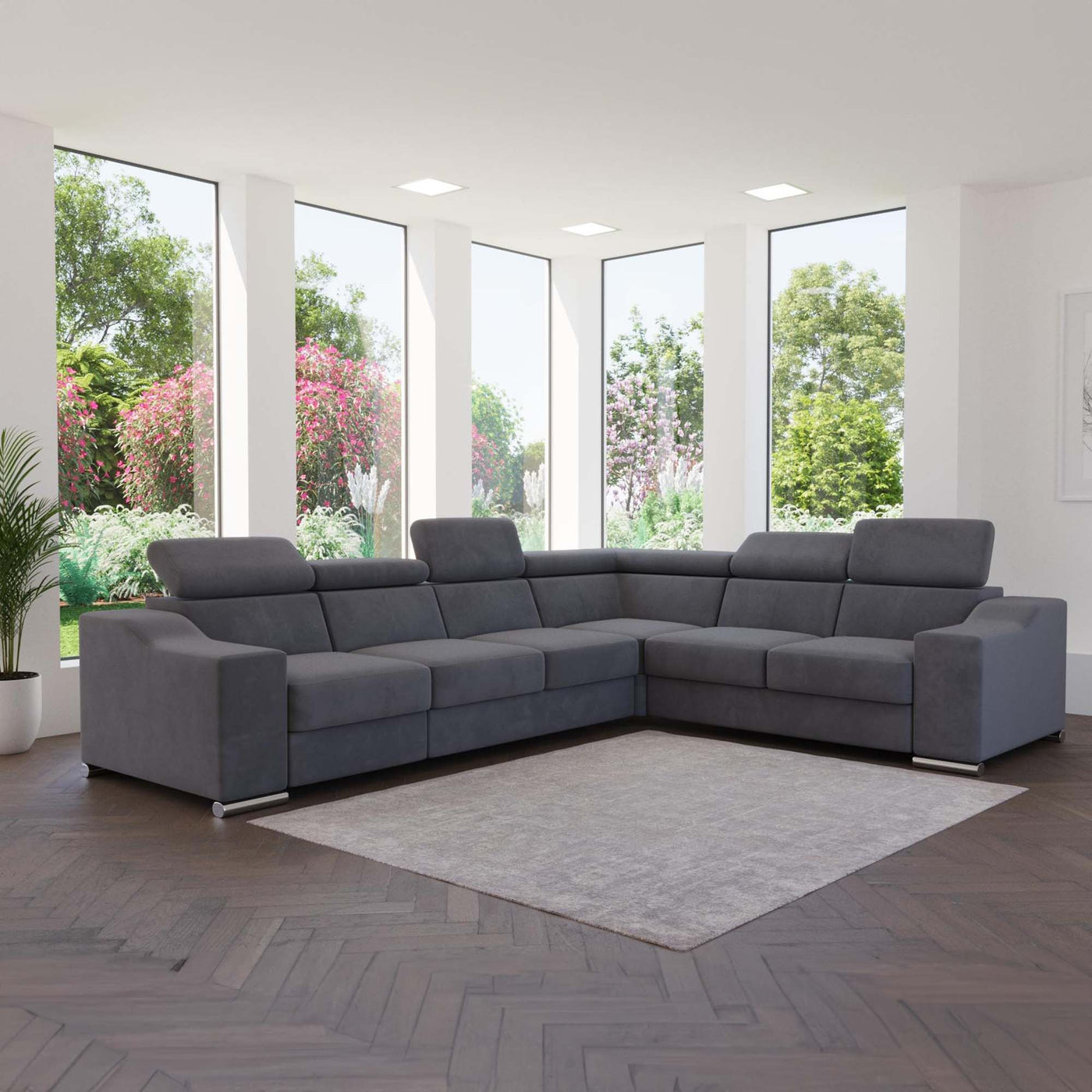 LUCKY Canapé d’angle convertible réversible en tissu velours gris - Canapé d'angle convertible - Mobilier Deco