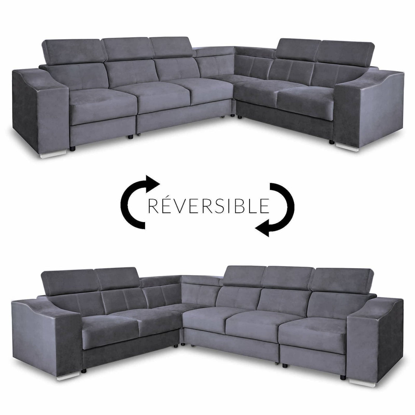 LUCKY Canapé d’angle convertible réversible en tissu velours gris - Canapé d'angle convertible - Mobilier Deco