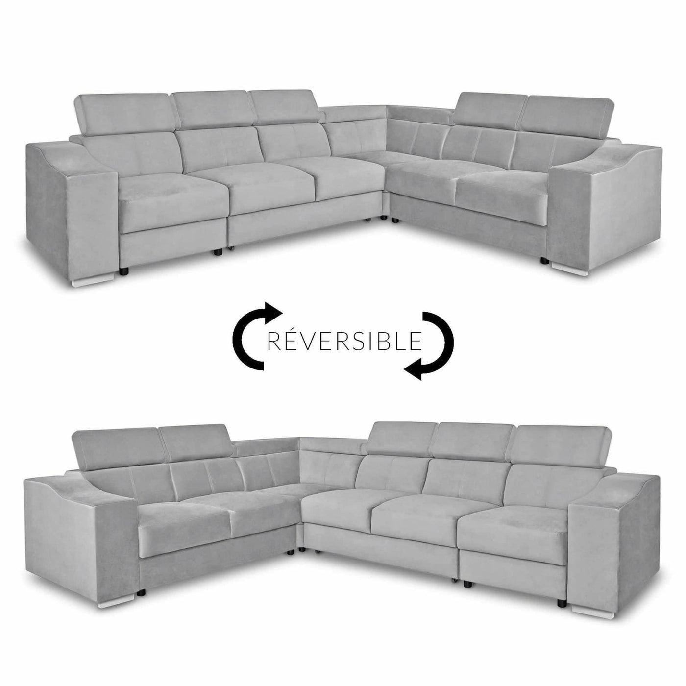LUCKY Canapé d’angle convertible réversible en tissu velours gris clair - Canapé d'angle convertible - Mobilier Deco