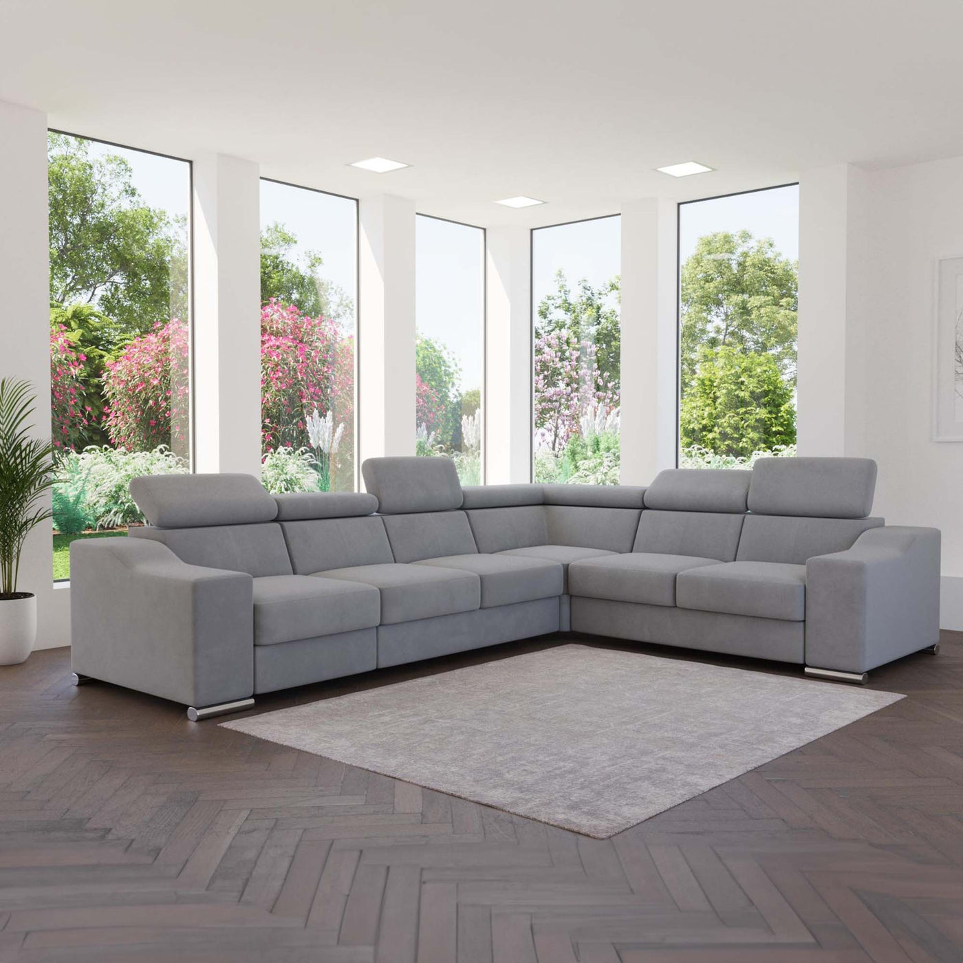 LUCKY Canapé d’angle convertible réversible en tissu velours gris clair - Canapé d'angle convertible - Mobilier Deco